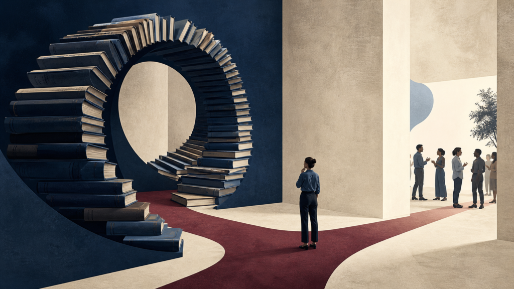 Profissional escolhe entre uma escada circular de livros e uma passagem para uma conversa real