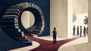 Profissional escolhe entre uma escada circular de livros e uma passagem para uma conversa real
